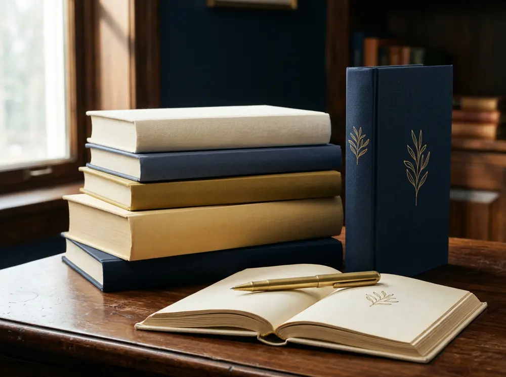 Navy and ivory hardcover books with an open book and brass pen on a wooden desk