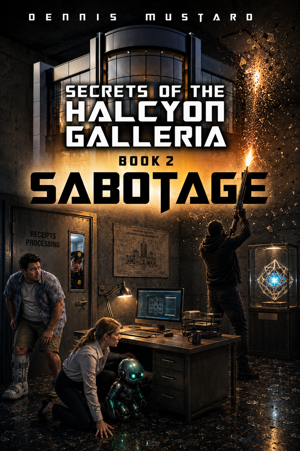 Original Sabotage cover by Dennis Mustard, showing the Halcyon Galleria, sparks, people, and a small robot